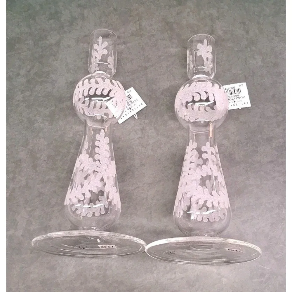 Pottery Barn Set of (2) Etched Glass Taper Candle Holders 8-1/4 Inches Tall- NWT